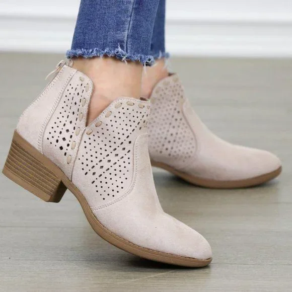 Dusty Rose Perforated Cut Suede Ankle Booties - Picture 5 of 7